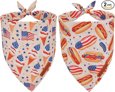 ADOGGYGO American Flag Dog Bandana, Ice Cream Hamburg Flag Pet Scarf, Premium Durable Fabric, Patriotic 4th of July Bandanas for Medium Large Dogs Pets (Large)