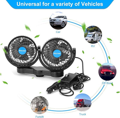12V Car Clip Fans, Adjustable Dual Head Clip Fan 360° Rotatable Cooling Air Fan, 4'' Electric Auto Car Fans with Cigarette Lighter Plug for Vehicles, RV, SUV