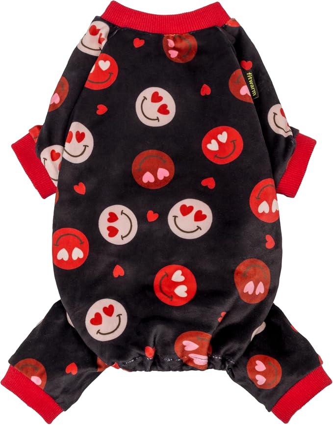 Fitwarm Hearts Eyes Smily Face Dog Pajamas, Cozy Valentines Outfit for Small Dogs Boy Girl, Festive Pet Clothes, Black, Red, Medium