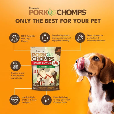 Pork Chomps Baked Pork Skin Dog Chews, 2.5-inch Mini Knots, Bacon Flavor Strip, 12 Count
