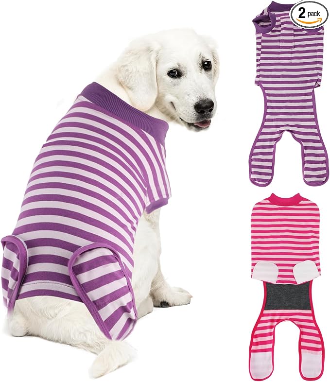 2 Packs Breathable Cotton Dog Recovery Suit for After Neuter Spay Abdominal Wounds Protector, Professional Anti-Licking Onesies for Male Female Pets Surgery Bandages, XL Purple & Pink Stripes