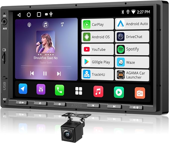 ATOTOZONE A5L 7inch Android Double DIN Car Stereo & Backup Camera, Wireless CarPlay& Android Auto Touchscreen Head Unit, WiFi/Bluetooth/USB, 2G+32G,MirrorLink, 24B-EQ DSP, FM/AM,GPS Tracking &AI Chat