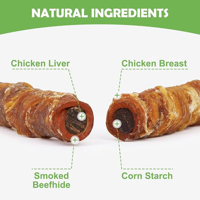 MON2SUN Dog Treats 5 Inch Chicken Wrapped Smoked Stuffed Rawhide Rolls with Chicken Liver, Rawhide Chews for Medium Dogs, 10.6 oz (6 Count)