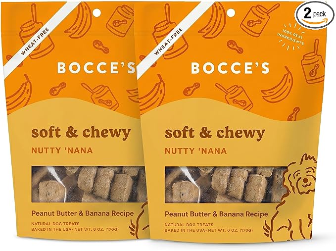 Bocce's Bakery Nutty 'Nana Dog Treat Bundle – Natural, Wheat-Free Soft & Chewy Cookies Made with Real Ingredients and Baked in The USA – PB, Banana & Carob Recipe (2 Pack)