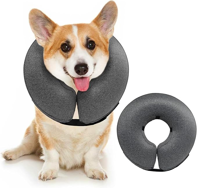 MIDOG Inflatable Dog Cone, Soft Donut Recovery Collar Alternative After Surgery to Help Prevent Licking, Comfy E Collar with Neck Pillow Design, Grey, S
