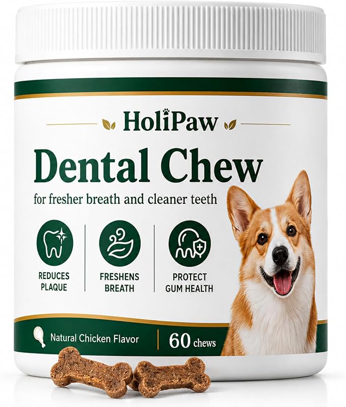Holipaw Dental Chew for Cleaner Teeth & Fresher Breath, Dental Treats with Kelp Extract, Probiotics, Parsley & Peppermint, Supports Plaque Control and Gum Health, Natural Chicken Flavor, 60 Count