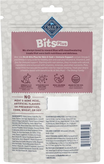 Blue Buffalo Blue Bits Plus Skin & Coat and Immune Support Daily Benefit Dog Treats, Soft & Chewy Salmon Morsels, 9.5-oz. Bag