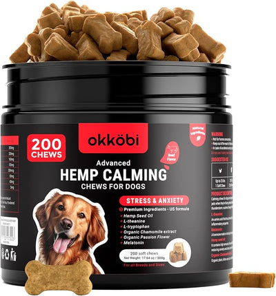 Hemp Calming Chews for Dogs Anxiety 200 pcs - Beef Flavored - Dog Anxiety Relief - Dog Calming Chews - Melatonin for Dogs - for Stress, Travel, Check-up, Barking or Grooming - Dog Calming Treats
