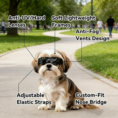Enjoying Dog Sunglasses Small Breed, Dog Goggles UV Protection, Cycling Eye Protection for Small Dogs, Outdoors Breathable Windproof Dustproof Anti-Fog, Adjustable Straps, Cool Black