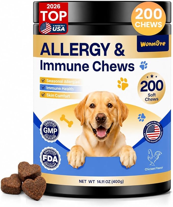 Dog Allergy Chews, Itchy Skin & Paw Licking Support, Probiotics for Dogs, Immune & Gut Health, Seasonal Allergy Formula, Skin & Coat Health, Chicken Flavor Soft Chews, 200 Ct, BlueChampagne