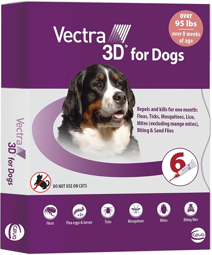 Vectra 3D Flea and Tick Prevention for Dogs, Kills and Repels Fleas, Ticks & Mosquitoes | Fast‑Acting, Waterproof, No Prescription Needed | Extra Large Dogs Over 95 lbs, 6‑Month Supply