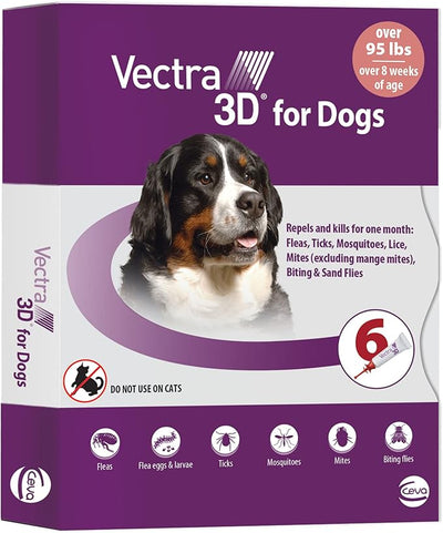Vectra 3D Flea and Tick Prevention for Dogs, Kills and Repels Fleas, Ticks & Mosquitoes | Fast‑Acting, Waterproof, No Prescription Needed | Extra Large Dogs Over 95 lbs, 6‑Month Supply