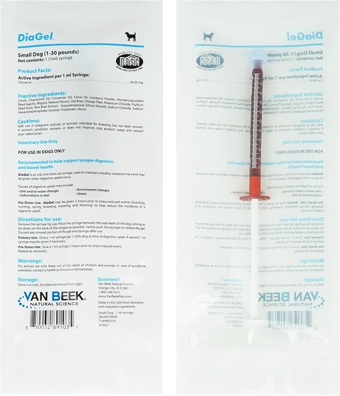 DiaGel for Small Dogs (1-30 lbs.) - Orally Administered Gel for Occasional Loose Stools and Digestive Upset - Natural Pet Products - Van Beek Natural Science