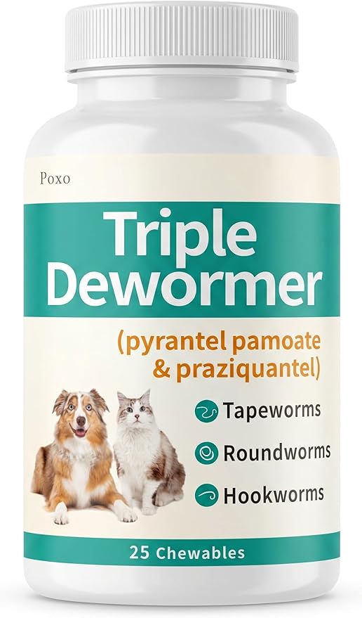 Poxo Dewormer for Dogs & Cats, 7-Way Wormer for Tapeworms, Roundworms & Hookworms, with Praziquantel & Pyrantel Pamoate – Gentle on Stomach, 25 Chewable