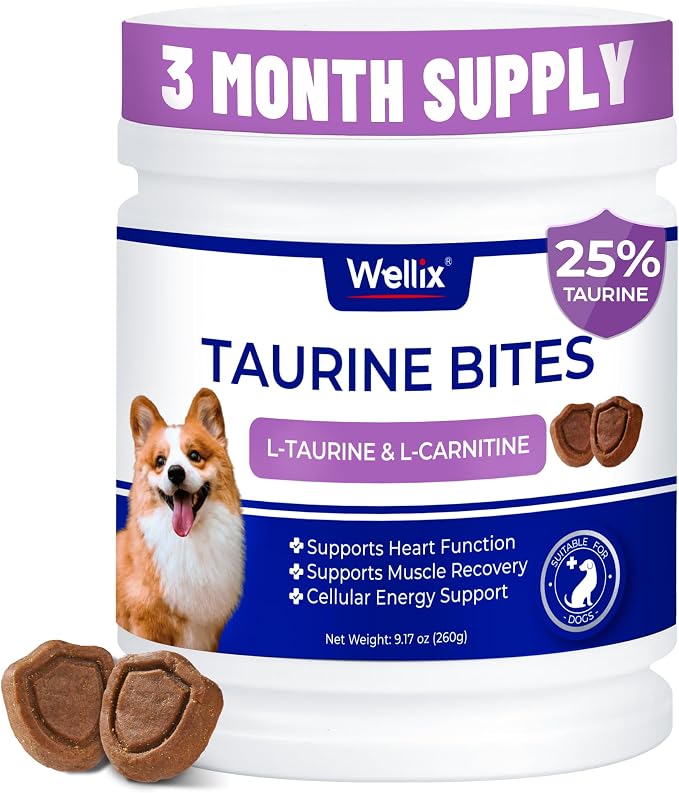 Wellix 9.17 oz, 25% Taurine for Dogs - Healthy Heart Supplements for Dog Chewable with CoQ10, Fish Oil, Vitamins, L-Carnitine - Heart Muscle Function & Cardiovascular Health, Antioxidant Support
