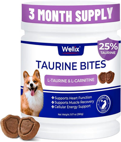 Wellix 9.17 oz, 25% Taurine for Dogs - Healthy Heart Supplements for Dog Chewable with CoQ10, Fish Oil, Vitamins, L-Carnitine - Heart Muscle Function & Cardiovascular Health, Antioxidant Support