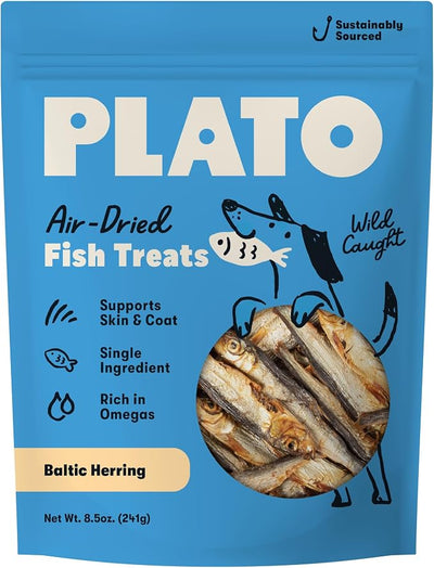 Plato Single Ingredient Wild-Caught Baltic Herring Dog Treats, Air-Dried Whole Fish, Omega-Rich Skin & Coat Support, 8.5 oz