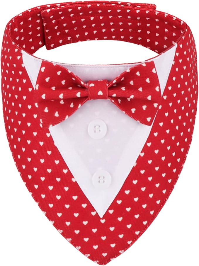 ADOGGYGO Valentine Dog Tuxedo Bandana, Red Heart Pet Tux with Bowtie Adjustable Valentine Costume for Medium Dogs Pets (M)