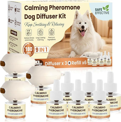 Dog Pheromones Calming Diffuser to Calm Dogs 9 IN 1 Kit (3 Diffusers+6 Refills) Pheromone Plug In for Stress Barking Pee Accidents Chewing Aggression Separation Anxiety Relief 180 Days(Odorless)