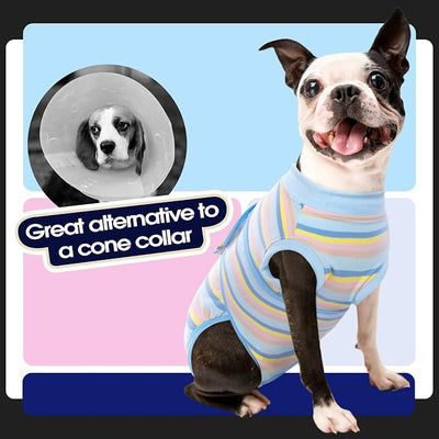 FUAMEY Recovery Suit for Dogs After Surgery,Soft Comfortable Dog Bodysuit, Cone Alternative Dog Surgical Suit,Male Female Neuter Spay Suits Incision Protection Onesie Blue Yellow Stripes S