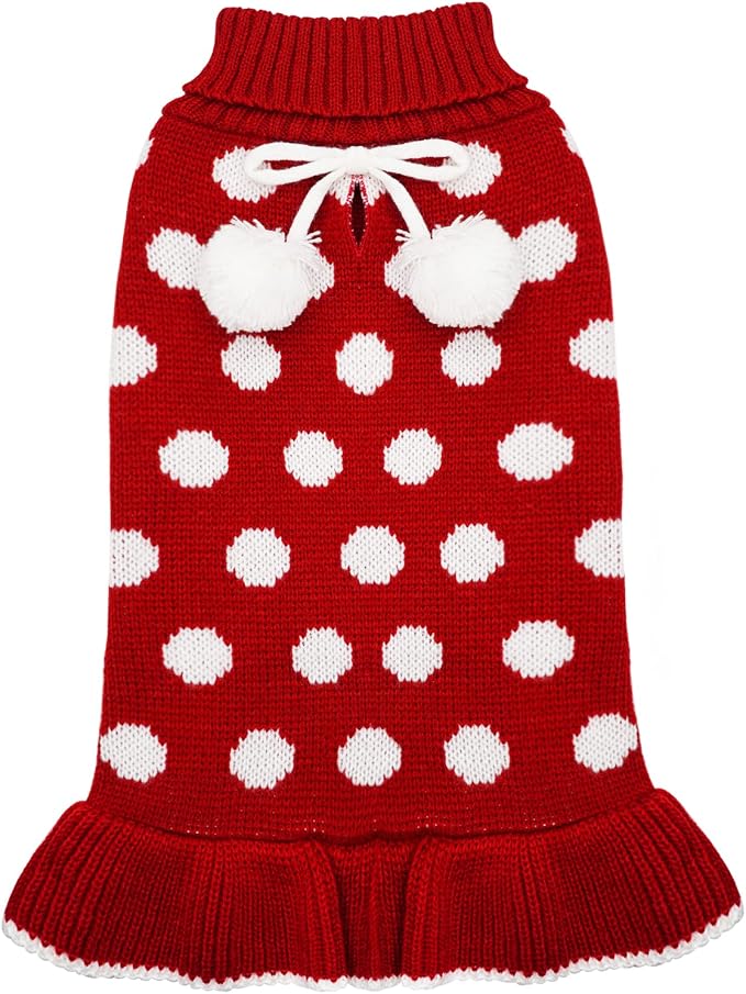 KYEESE Dog Sweater Dress with Leash Hole Small Turtleneck for Girl Dog Sweater Dress Polka Dot Knit Warm Puppy Sweaters with Pom Pom Ball