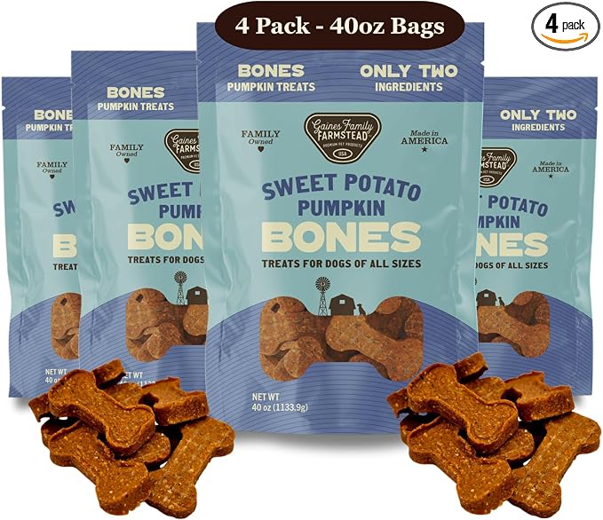 Gaines Family Farmstead Pumpkin & Sweet Potato Dog Bones, 4 Pack - 40 oz Bags, Natural, Grain-Free Dog Treats for Digestive Health & Immunity – High-Fiber, Vitamin-Rich Chews, Made in USA