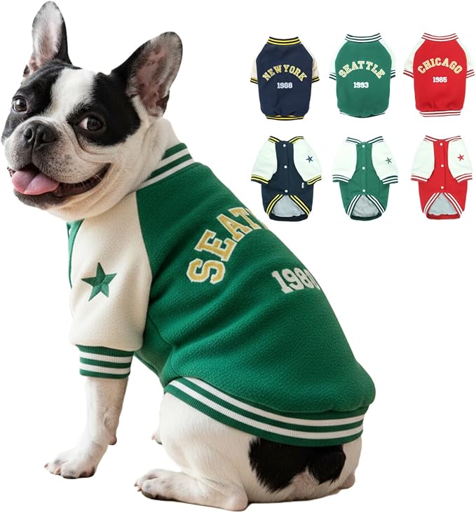 Dog Fleece Varsity Jacket for Medium Large Pets, Winter Pet Coat for Holidays, Stylish Boy & Girl Doggy Sweatshirts, Green Sport Coats for Pug Dogs, Baseball Uniform Jackets for Puppies, L
