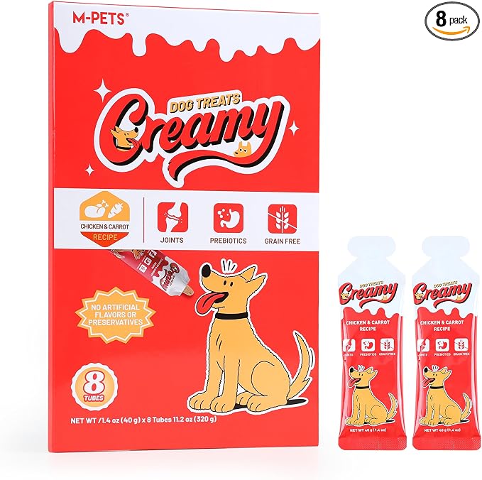 M-PETS Creamy Lickable Dog Treats, Chicken Flavor, 8 Tubes Squeeze Up Soft Dog Snacks for Puppies & Seniors, Reward Training or Food Topper,Low-Calorie Grain Free Puree for Joint & Digestive Health