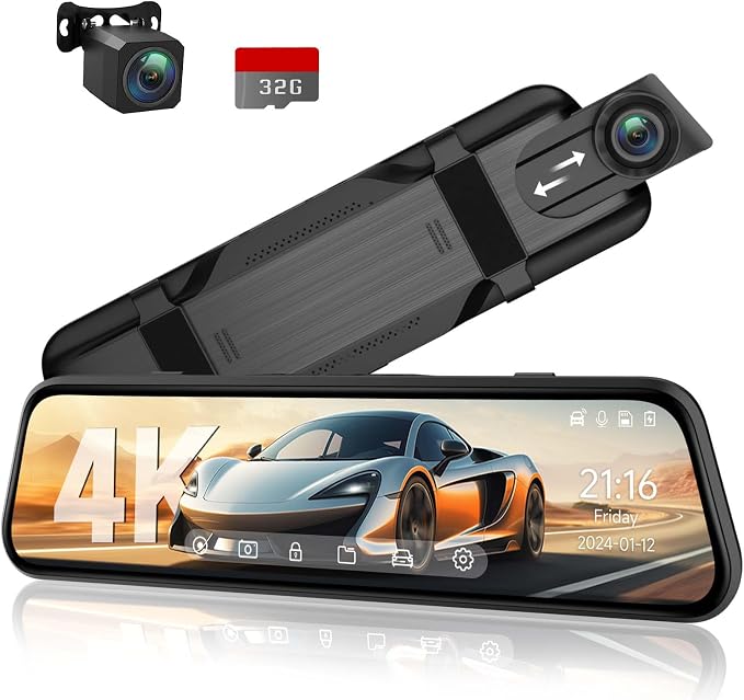 Veement 4K Rear View Mirror Camera, 10'' 4K Mirror Dash Cam with 1080P Backup Camera, Dash Cam Front and Rear for Car with Voice Control, 24H Parking Mode, Night Vision, 32GB SD Card Included