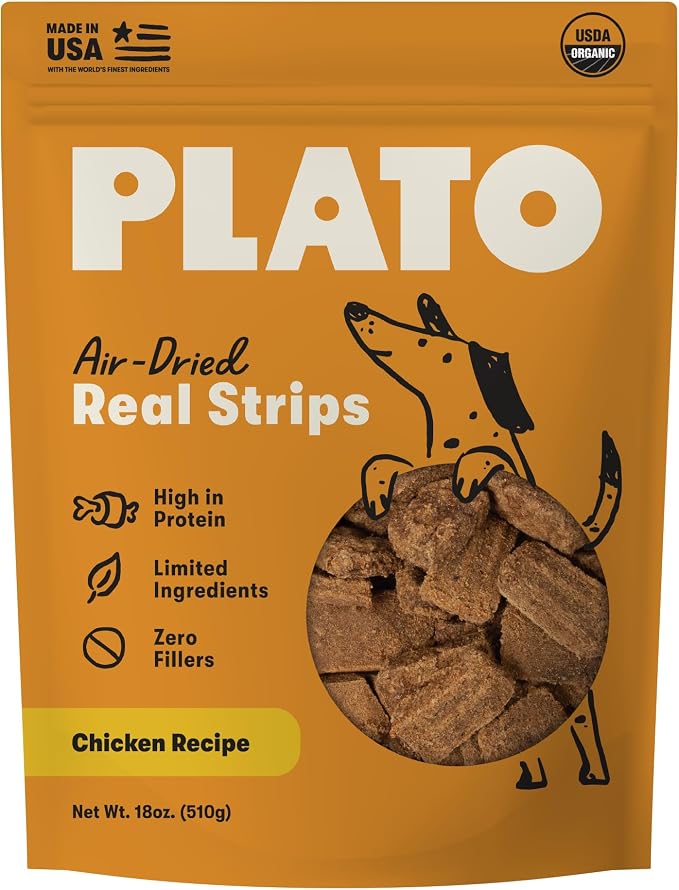 Plato Real Strips Organic Chicken Recipe Dog Treats, Air-Dried USDA Organic High-Protein Soft Strips, 18 oz