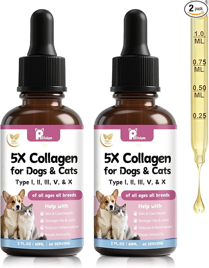 Collagen for Dogs and Cats, Liquid Collagen for Dogs - 5 Types of Grass-Fed Collagеn (I, II, III, V & X) for Skin & Coat, Itch Relief, Hips & Joints with MSM, Biotin and Hyaluronic Acid, 2 Packs