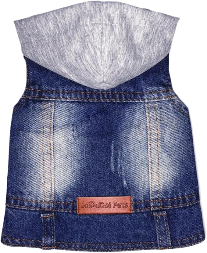 Dog Jeans Jacket with Hooded Denim Pet Coat for Puppy Small Dogs Classic Overalls Male Cat Costumes Washed Vest Clothes Outfit T-Shirts(Hoodie X-Small)