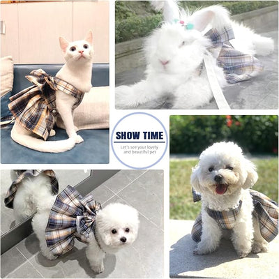 PETCARE Plaid Dog Dress Bow Tie Harness Leash Set for Small Dogs Cats Girl Cute Princess Dog Dresses Spring Summer Puppy Bunny Rabbit Clothes Chihuahua Yorkies Pet Outfits