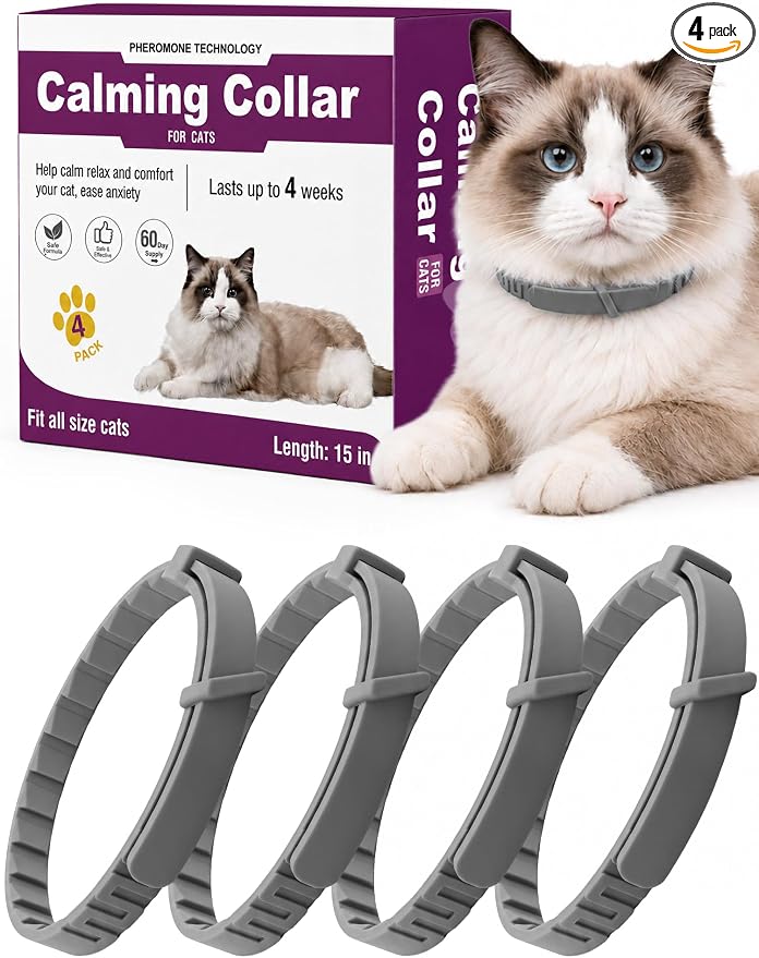 Calming Collar for Cats – 4 Pack Breakaway Adjustable Cat Calming Collars, Pheromone Collar for Cats Small Dogs, Ideal for Travel & Indoor Comfort, Reduces Stress Bad Behavior (Grey, Small)