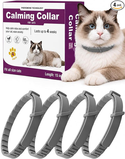Calming Collar for Cats – 4 Pack Breakaway Adjustable Cat Calming Collars, Pheromone Collar for Cats Small Dogs, Ideal for Travel & Indoor Comfort, Reduces Stress Bad Behavior (Grey, Small)