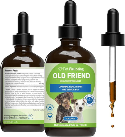 Pet Wellbeing Old Friend for Senior Dogs & Cats- Supports Immune System Health, Joint Mobility, Healthy Energy Levels, Alfalfa, Reishi - Veterinarian-Formulated Herbal Supplement 4 oz (118 ml)