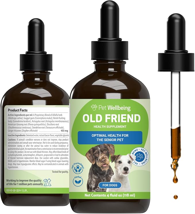 Pet Wellbeing Old Friend for Senior Dogs & Cats- Supports Immune System Health, Joint Mobility, Healthy Energy Levels, Alfalfa, Reishi - Veterinarian-Formulated Herbal Supplement 4 oz (118 ml)