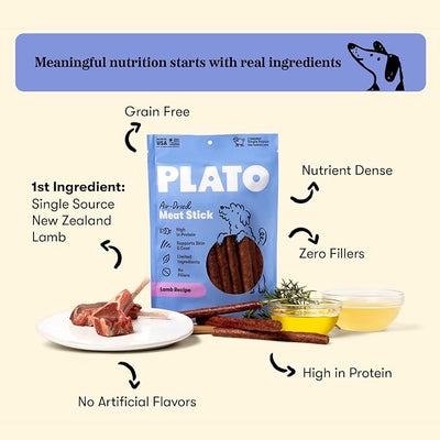 Plato Meat Sticks Lamb Recipe Dog Treats, Air-Dried High-Protein Soft Chews, Grass-Fed New Zealand Lamb with Omega Fish Oil, 18 oz