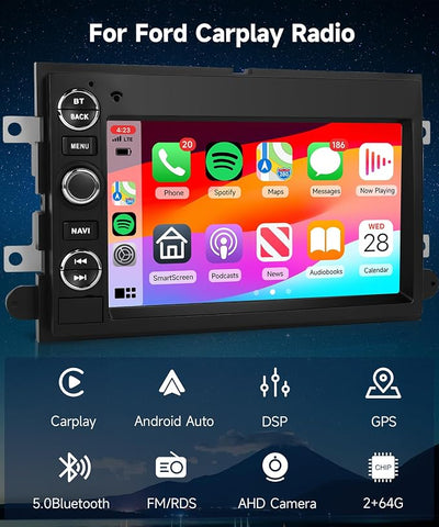 PODOFO 2G 64G Car Stereo for Ford F150 F250 F350 E250 E350 Fusion Edge Explorer Radio with Wireless Carplay Android Auto 7inch IPS Touchscreen Bluetooth DAB+ OBD2 WiFi FM/RDS GPS SWC Backup Camera