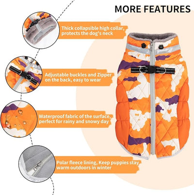 CuteBone Orange Dog Waterproof Winter Coat with Harness, Reflective Warm Dog Jacket with Zipper for Cold Weather, Dog Snowsuit for Medium Large Dogs YRFN02XL