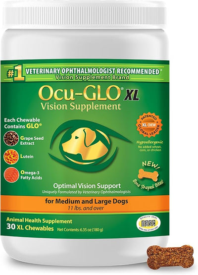 Ocu-GLO Cat & Dog for Eye Support - Chewable Vision Supplement for Medium and Large Pets Care with Lutein, Omega-3 Fatty Acids, Grape Seed Extract & Antioxidants 30 XL Chewables