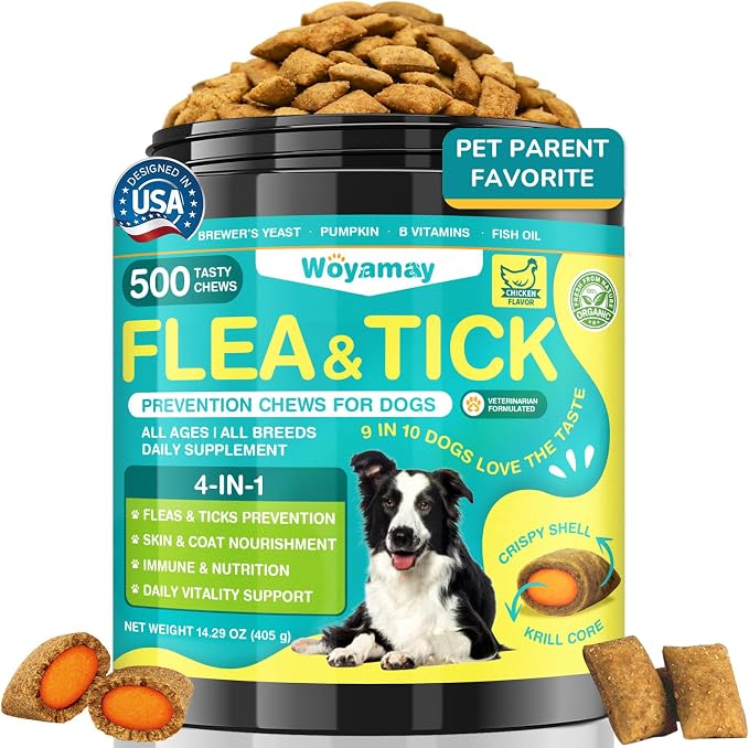Woyamay 4-IN-1 Flea and Tick Prevention for Dogs, 500 Crunchy Dog Flea Chews, Dog Flea Treatment, Natural Oral Flea Treatment for Dogs, Daily Support for Flea, Skin & Coat, Gut, Immune, Chicken Flavor