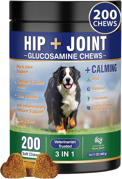 Hip and Joint Supplement for Dogs 200 Dog Calming Chews with Glucosamine, Chondroitin, Msm, Omega3, Melatonin for Senior Dogs Anxiety Pain Relief Anti Inflammatory Small/Medium/Large Dog -Bacon
