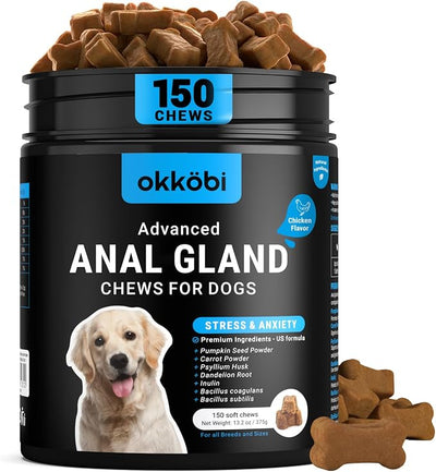 OKKOBI Anal Gland Chews 150Pcs - Chicken Flavor - Digestive Support for Dogs - Formula with Fiber, Natural Ingredients & Vitamins - Classic Chicken