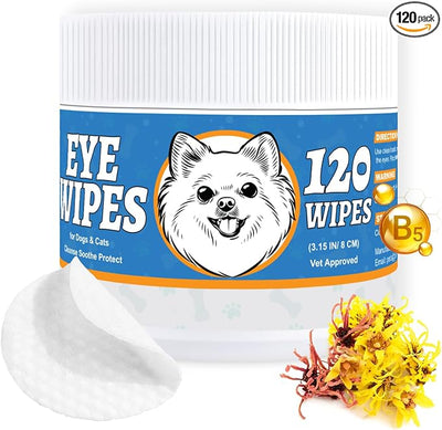 Pet Eye Wipes for Dogs & Cats – Extra-Large Textured Pads Remove Discharge, Crust & Tear Stains – Hypoallergenic Cleaner for Eyes, Wrinkles & Face – Soothing Witch Hazel & Chamomile Formula – 120ct
