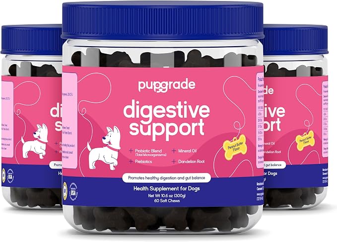 PupGrade Digestive Support for Dogs - Prebiotic + Probiotic Supplement with Enzyme Blend - Gut and Immune Support - Pumpkin, Blueberry, Mineral Oil, Peanut Butter Flavor - 180 Soft Chews