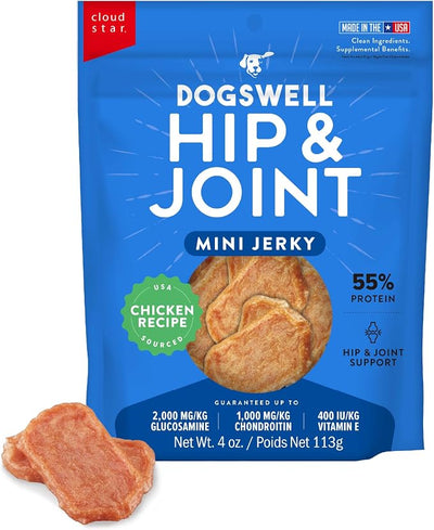 Dogswell Hip & Joint Mini Jerky Dog Treats, Chicken Breast, 4 oz. Pouch