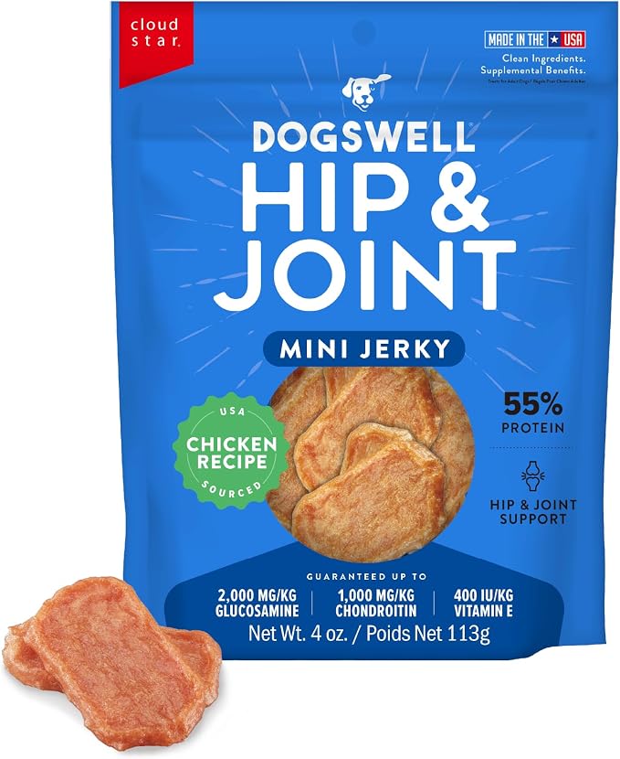 Dogswell Hip & Joint Mini Jerky Dog Treats, Chicken Breast, 4 oz. Pouch