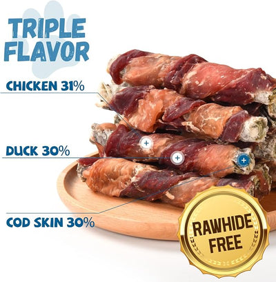 Pawmate Dog Treats Chicken Duck Wrapped Cod Skin Sticks, Rawhide-Free, Grain-Free Dog Chewy Treats for Healthy Teeth and Coat,Training Treats for Small Medium Large Dogs, 9-10 Counts