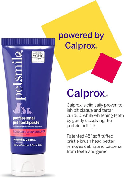 Petsmile Professional Pet Teeth Brushing Kit for Cats & Dogs - VOHC Accepted Toothpaste & Patented Toothbrush - Proven to Control Plaque & Tartar Calprox Formula (Rotisserie Chicken, 2.5 Oz)